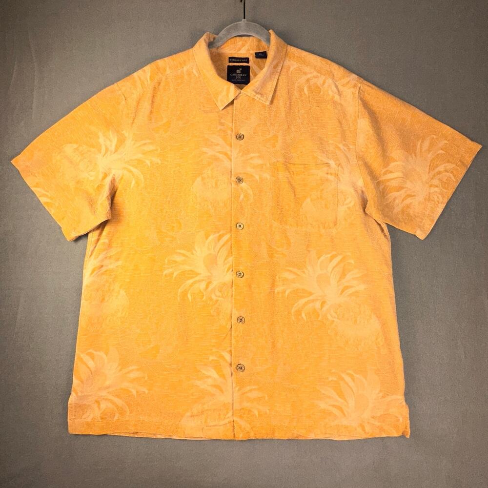 Caribbean Joe 100% Silk Hawaiian Shirt XXL Orange Tropical Camp Aloha